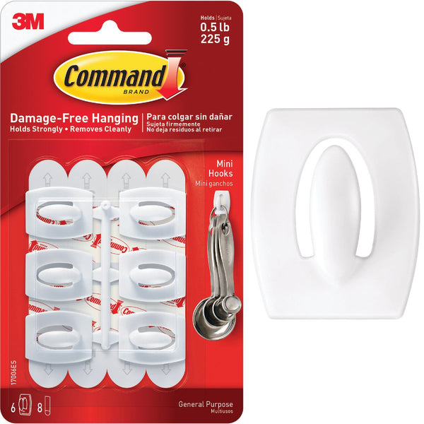 Command Mini Hooks, White, 6 Hooks, 8 Strips