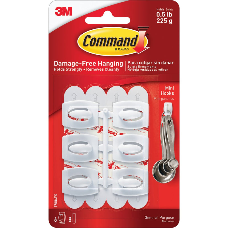 Command Mini Hooks, White, 6 Hooks, 8 Strips