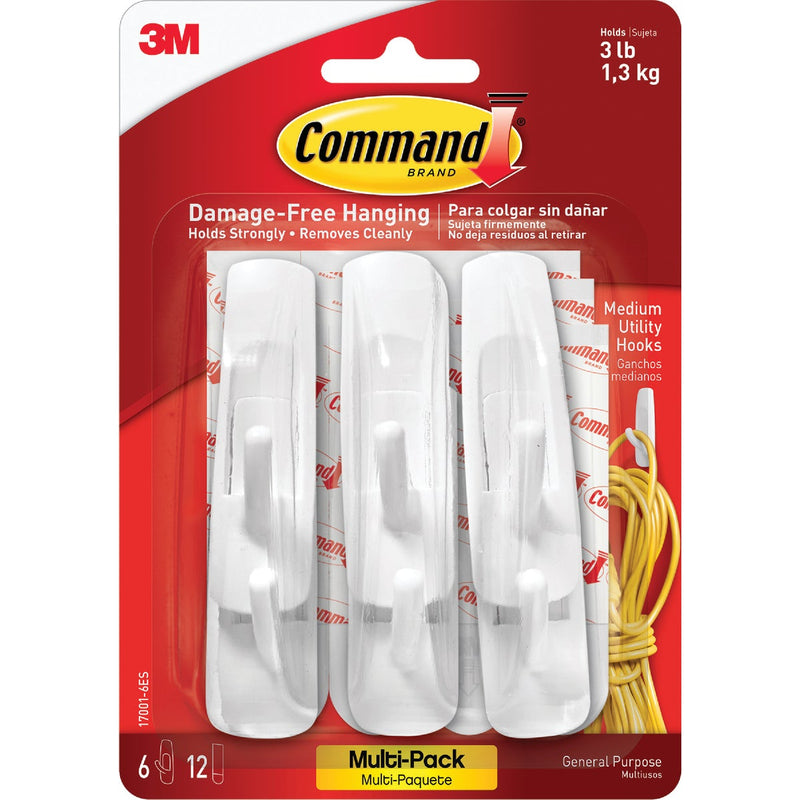 Command Medium Hooks Value Pack, White, 6 Hooks, 12 Strips