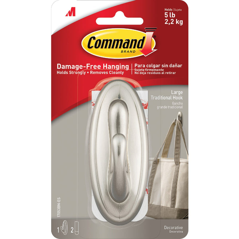 Command Large Traditional Hook, Brushed Nickel, 1 Hook, 2 Strips