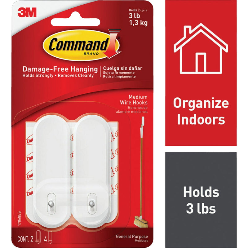 Command Medium Wire Hooks, White, 2 Hooks, 4 Strips