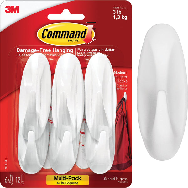 Command Medium Designer Hooks Value Pack, White, 6 Hooks, 12 Strips