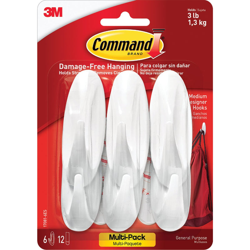 Command Medium Designer Hooks Value Pack, White, 6 Hooks, 12 Strips