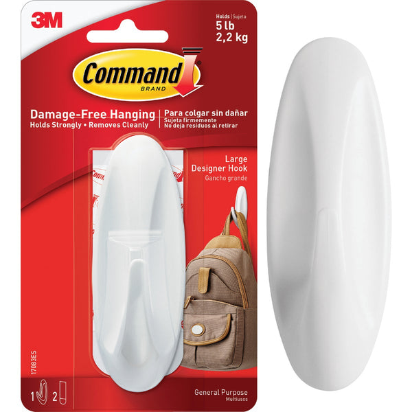 Command Large Designer Hook, White, 1 Hook, 2 Strips