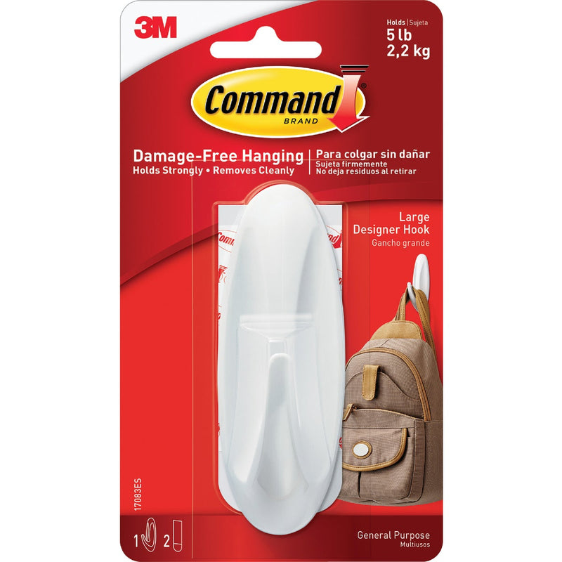 Command Large Designer Hook, White, 1 Hook, 2 Strips