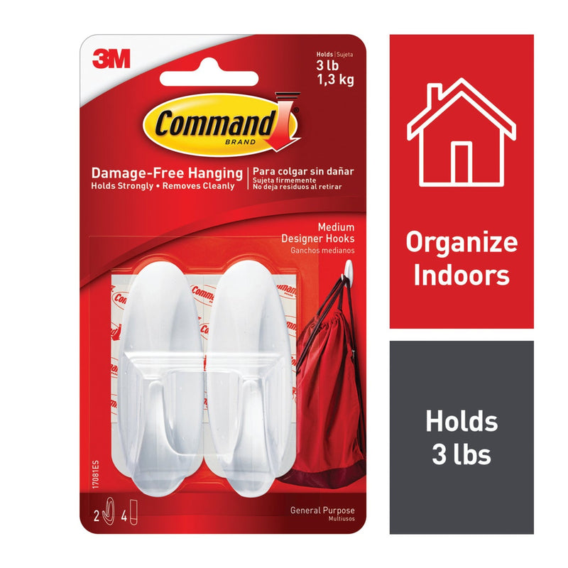 Command Medium Designer Hooks, White, 2 Hooks, 4 Strips