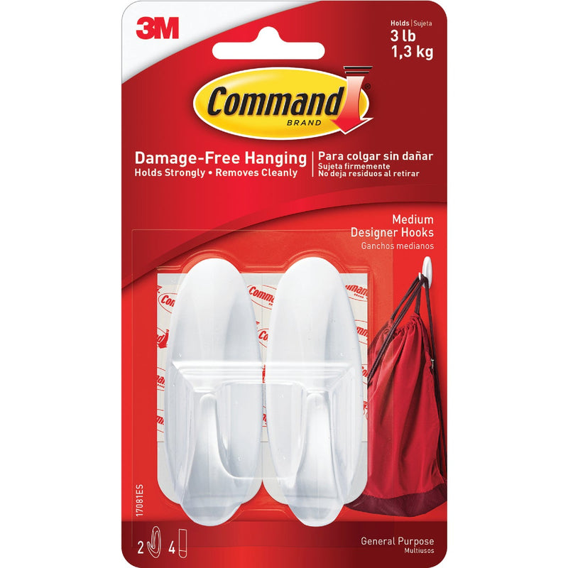 Command Medium Designer Hooks, White, 2 Hooks, 4 Strips