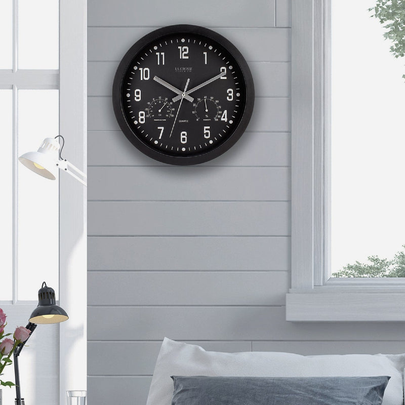 La Crosse Clock Co. 12 In. Inkwell Black Wall Clock Hygrometer & Thermometer