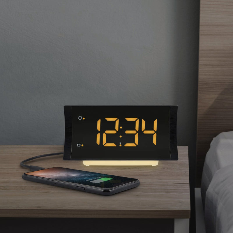 La Crosse Technology Curved LED Alarm Clock with Radio & USB Charging Port