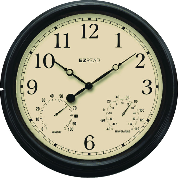 EZ Read 15 In. Black Indoor/Outdoor Clock with Thermometer & Hygrometer