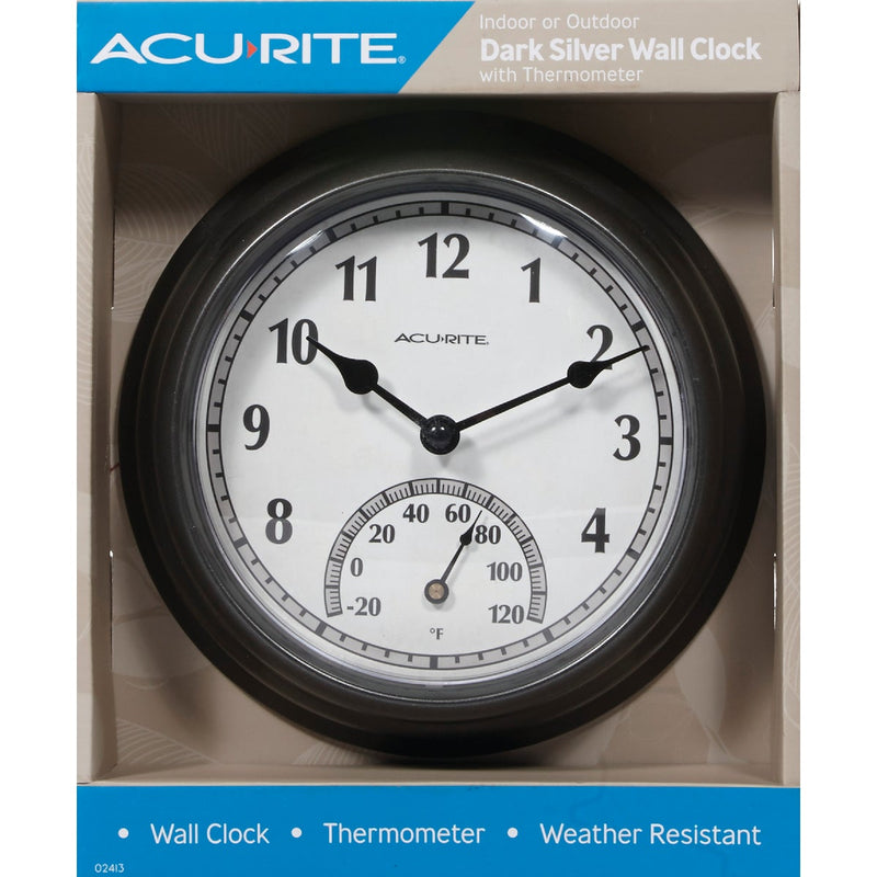 Acurite 8.5 In. Dark Silver Gray Wall Clock/Thermometer