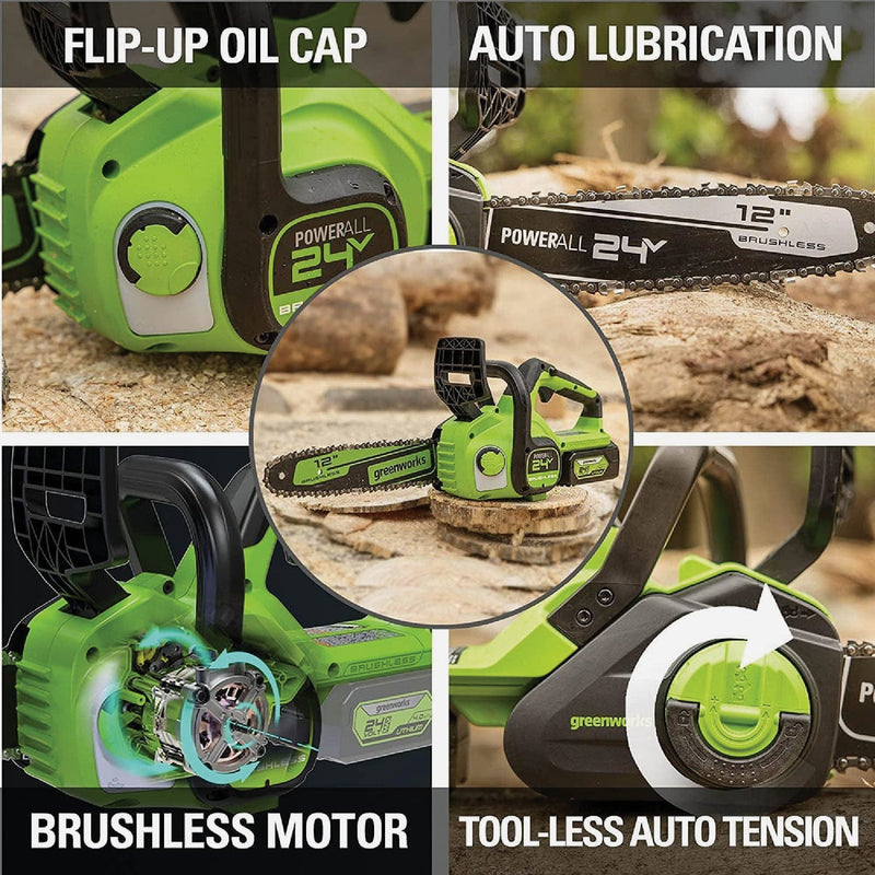 Greenworks 24V 12 In. Brushless Chainsaw with 4.0 Ah Battery & Charger