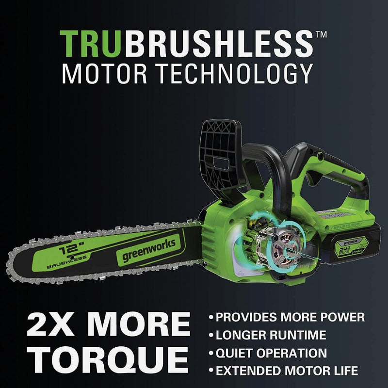 Greenworks 24V 12 In. Brushless Chainsaw with 4.0 Ah Battery & Charger