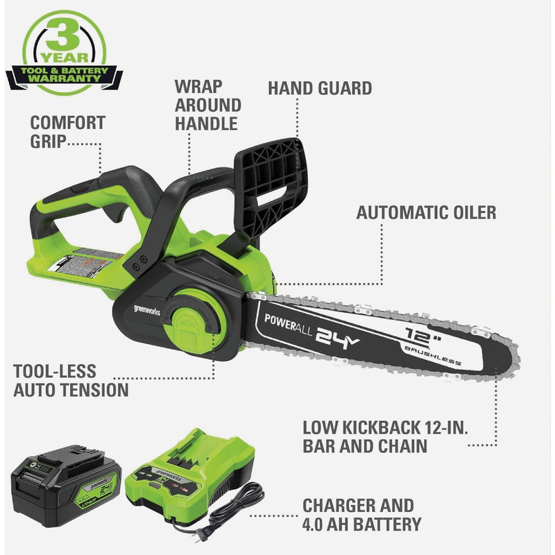 Greenworks 24V 12 In. Brushless Chainsaw with 4.0 Ah Battery & Charger