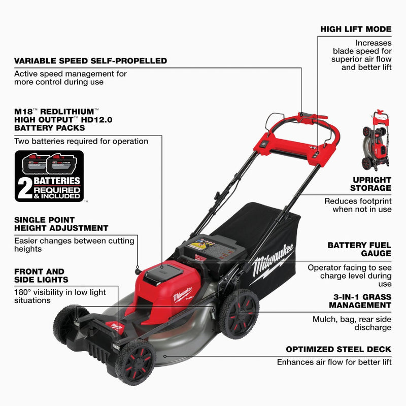 Milwaukee M18 FUEL 21 In. Brushless Self-Propelled Dual Battery Cordless Lawn Mower Kit with (2) 12.0 Ah Batteries & Charger