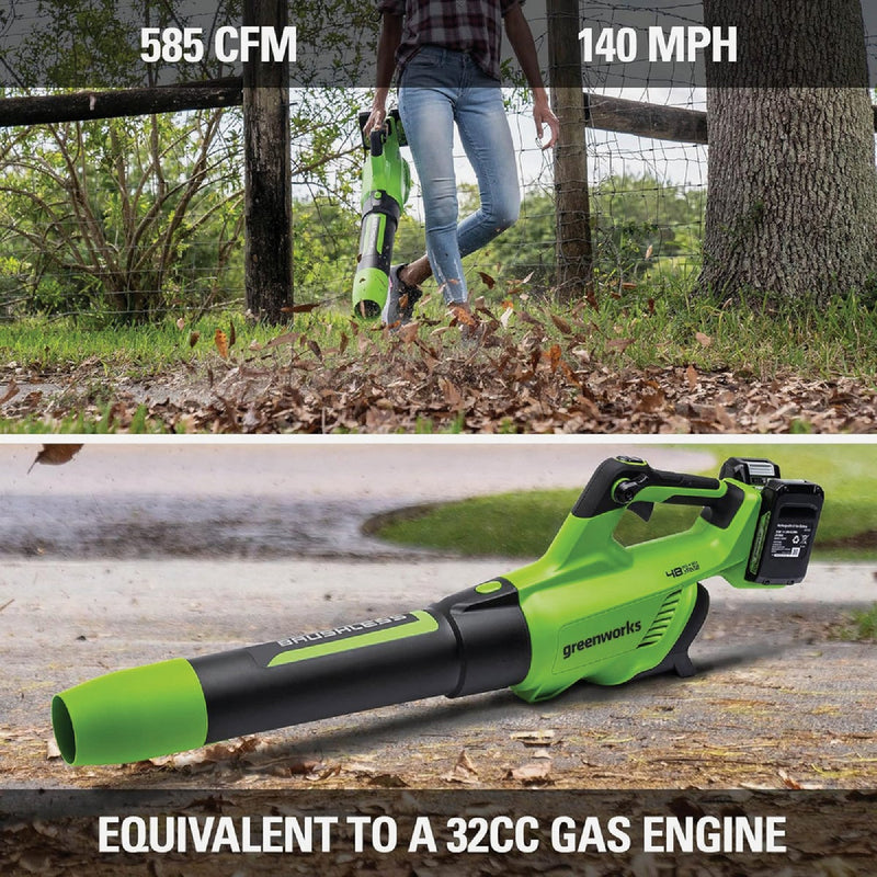 Greenworks 24V (2 x 24V) 585 CFM 140 MPH Axial Leaf Blower with (2) 4.0 Ah Batteries & Charger