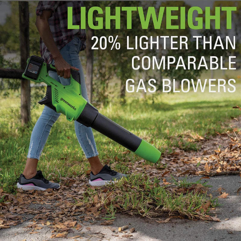 Greenworks 24V (2 x 24V) 585 CFM 140 MPH Axial Leaf Blower with (2) 4.0 Ah Batteries & Charger