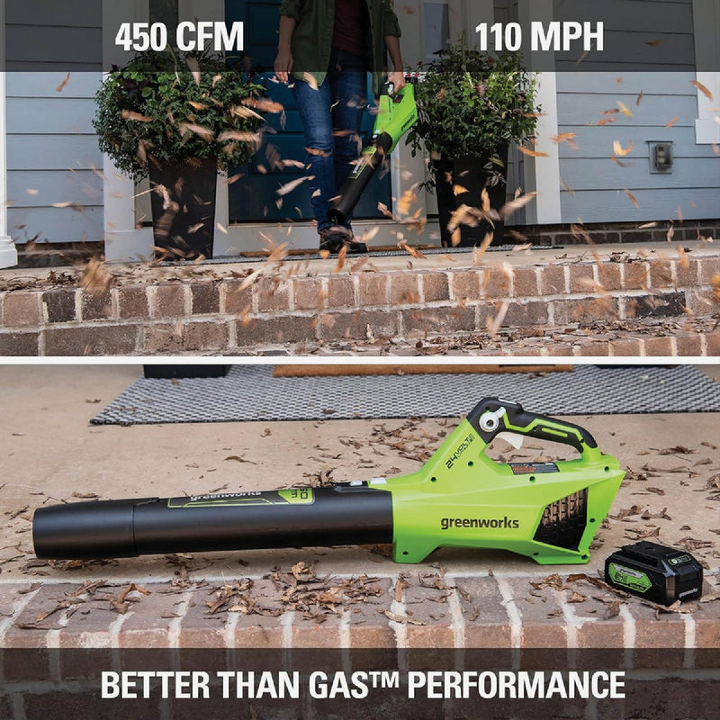 Greenworks 24V 450 CFM 110 MPH Cordless Brushless Handheld Leaf Blower with 4.0 Ah Battery & Charger