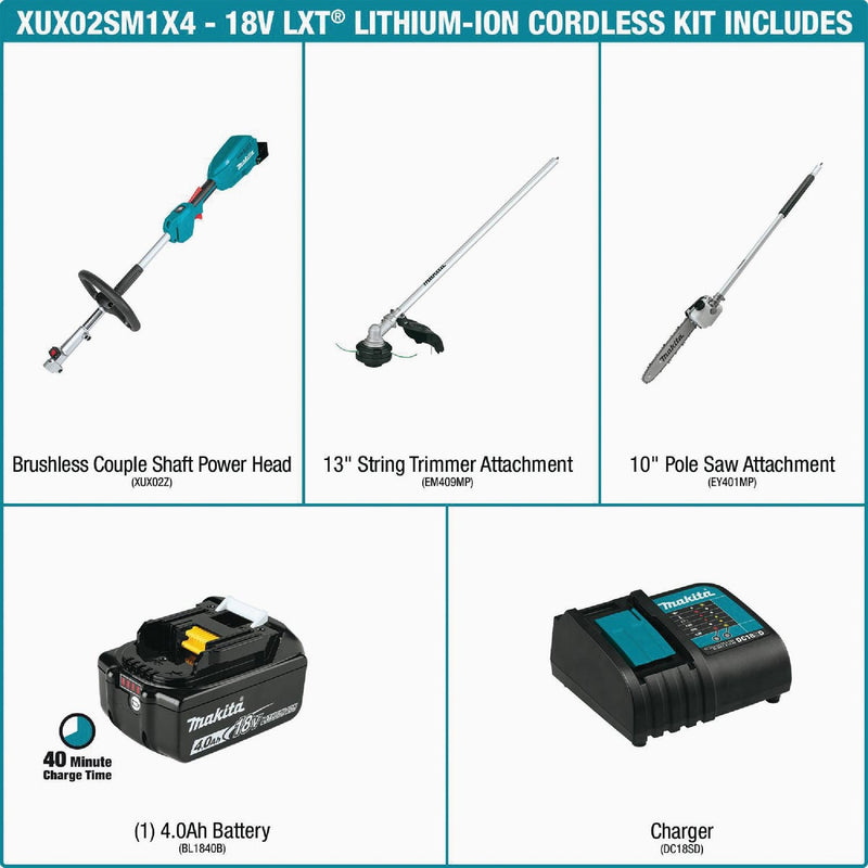 Makita 18V LXT Lithium-Ion Brushless Cordless Couple Shaft Power Head Kit w/13 In. String Trimmer & 10 In. Pole Saw Attachments