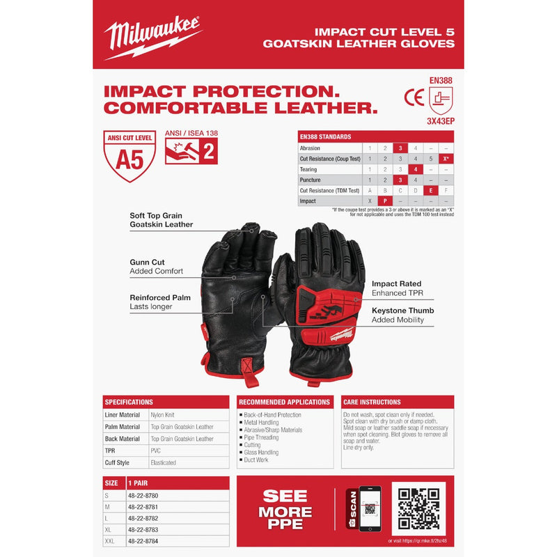 Milwaukee Impact Cut Level 5 Unisex Large Goatskin Leather Work Gloves