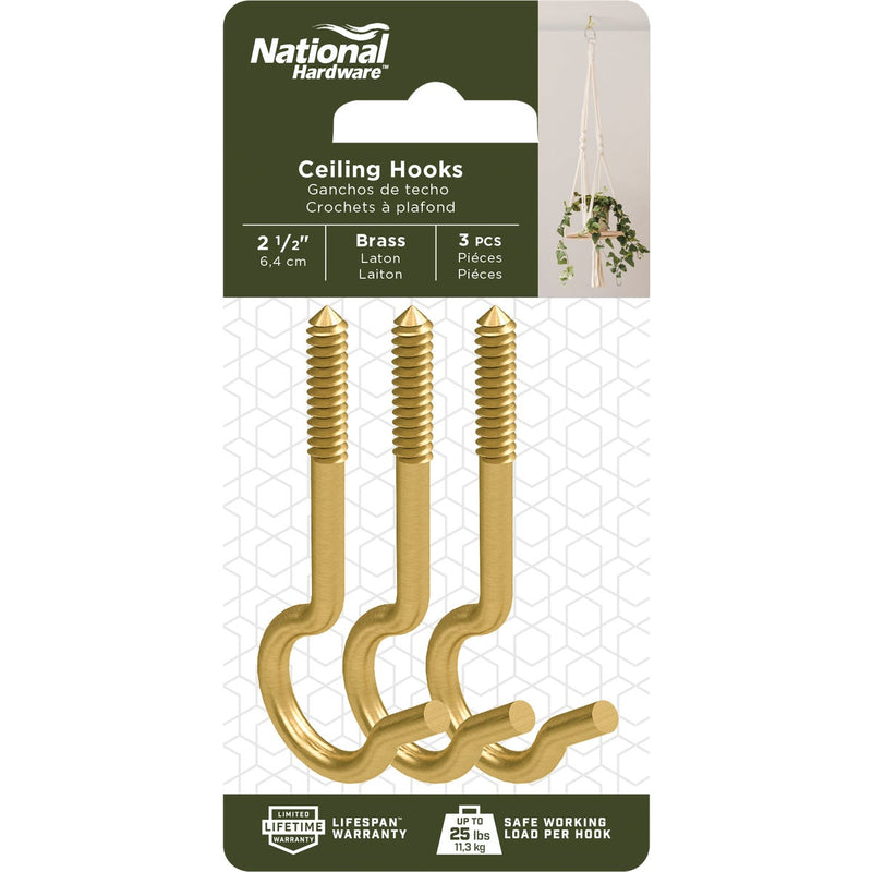 National 2-1/2 In. Brass Ceiling Hook (3-Pack)