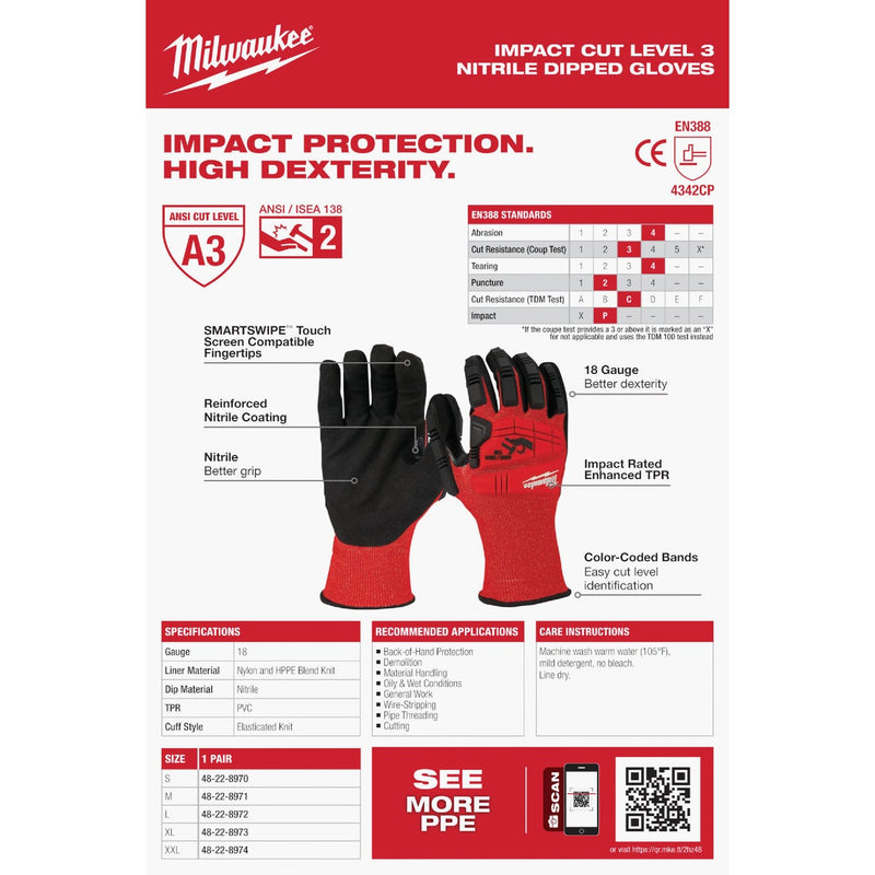 Milwaukee Impact Cut Level 3 Large Unisex Nitrile Dipped Work Gloves