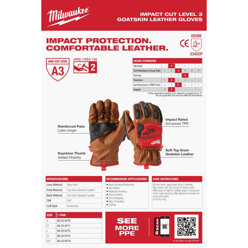 Milwaukee Impact Cut Level 3 Unisex Large Goatskin Leather Work Gloves