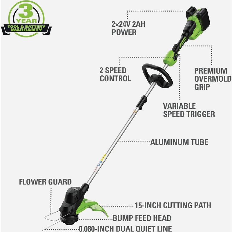 Greenworks 24V (2 x 24V) 15 In. Brushless String Trimmer with (2) 2.0 Ah Batteries & Charger