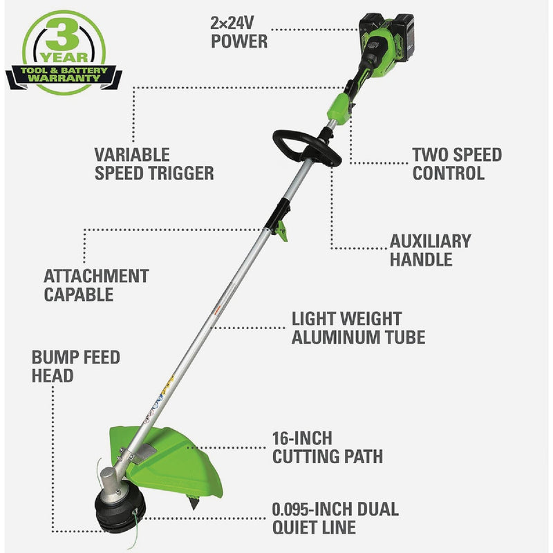 Greenworks 24V (2 x 24V) 16 In. Brushless Attachment Capable String Trimmer with (2) 4.0 Ah USB Batteries & Charger