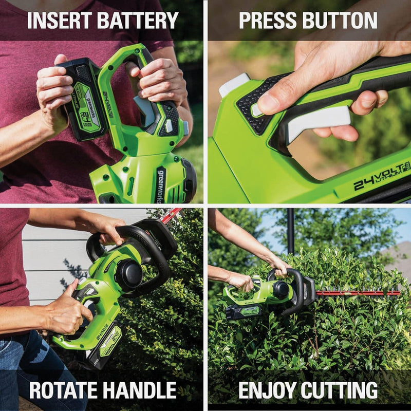Greenworks 24V 22 In. Cordless Hedge Trimmer with 4.0 Ah USB Battery & Charger