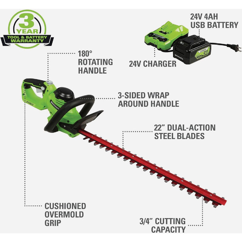 Greenworks 24V 22 In. Cordless Hedge Trimmer with 4.0 Ah USB Battery & Charger