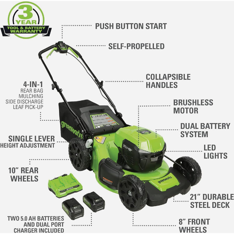 Greenworks 24V (2 x 24V) 21 In. Self-Propelled Lawn Mower with (2) 5.0 Ah Batteries & Dual-Port Charger