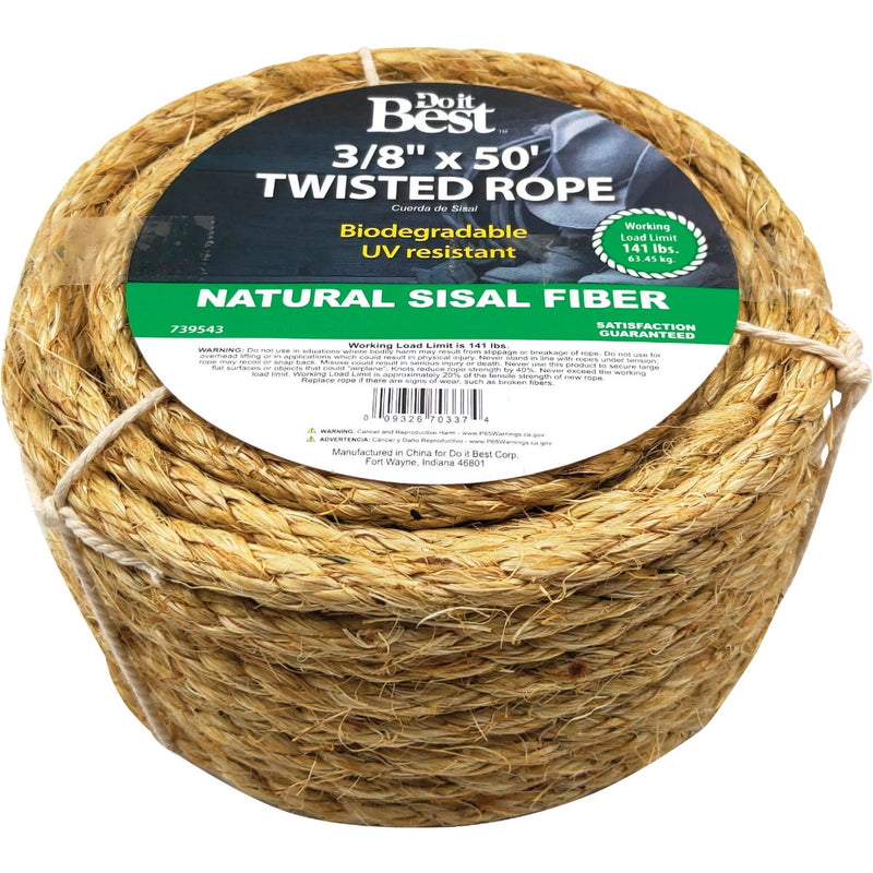 Do it Best 3/8 In. x 50 Ft. Natural Twisted Sisal Fiber Packaged Rope