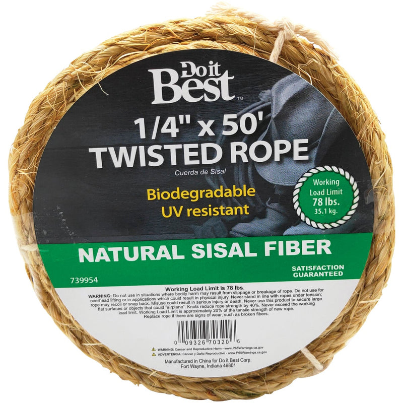 Do it Best 1/4 In. x 50 Ft. Natural Twisted Sisal Fiber Packaged Rope