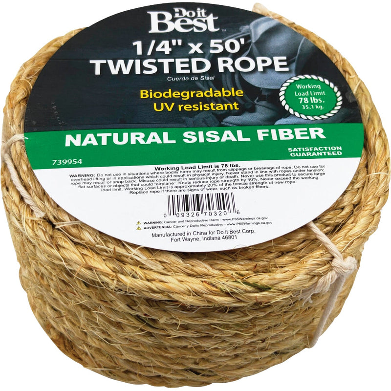 Do it Best 1/4 In. x 50 Ft. Natural Twisted Sisal Fiber Packaged Rope