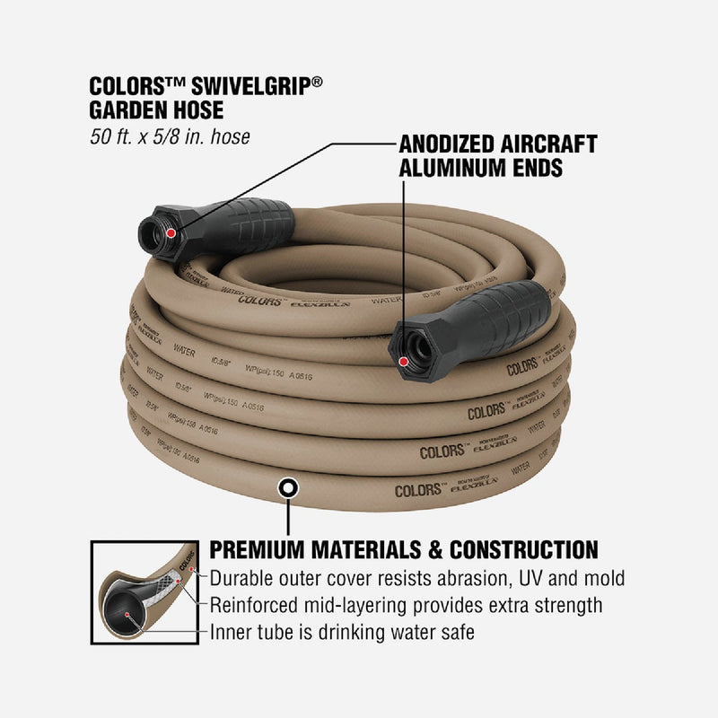 Flexzilla Colors 5/8 In. Dia. x 50 Ft. L. Drinking Water Safe Garden Hose with SwivelGrip Connections