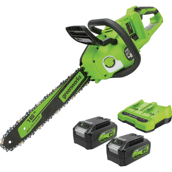 Greenworks 24V (2 x 24V) 16 In. Brushless Chainsaw with (2) 4.0 Ah Batteries & Dual Port Charger