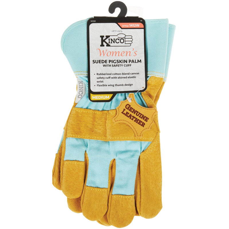 Kinco Women's Medium Aqua Cotton-Blend Canvas Fabric Back Golden Suede Palm Glove