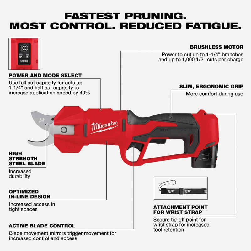 Milwaukee M12 Brushless Cordless Pruning Shears Kit with 2.0 Ah Battery & Charger