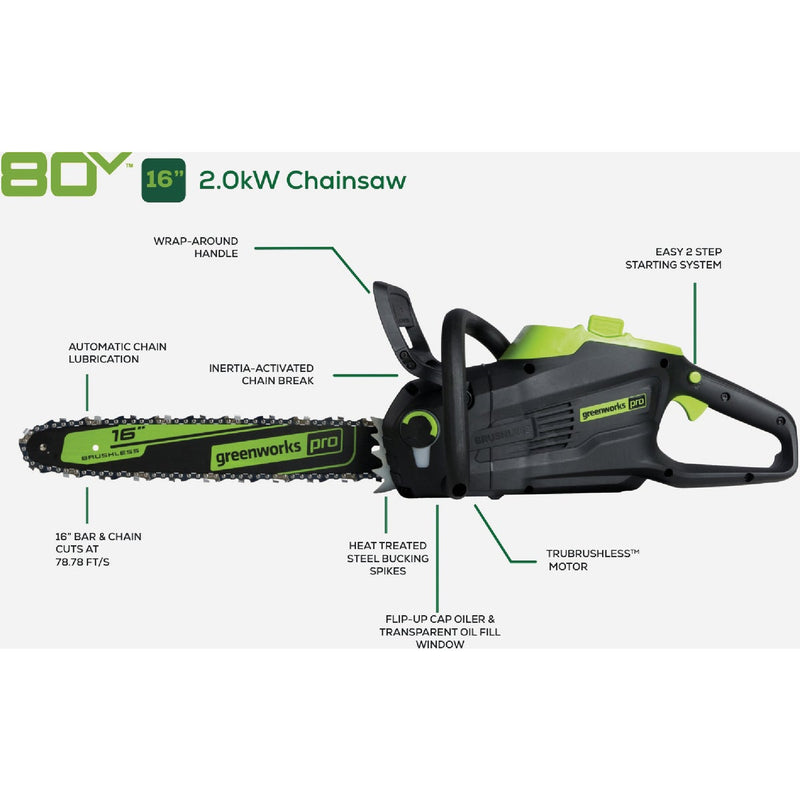 Greenworks 80V 16 In. 2kW Brushless Chainsaw with 4.0 Ah Battery & Charger