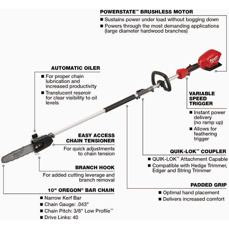 Milwaukee M18 FUEL Brushless 10 In. Cordless Pole Saw with QUIK-LOK Attachment Capability (Tool Only)