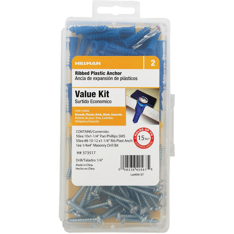 Hillman The Anchor Center #8 - #10 - #12 Thread Blue Ribbed Plastic Anchor Kit