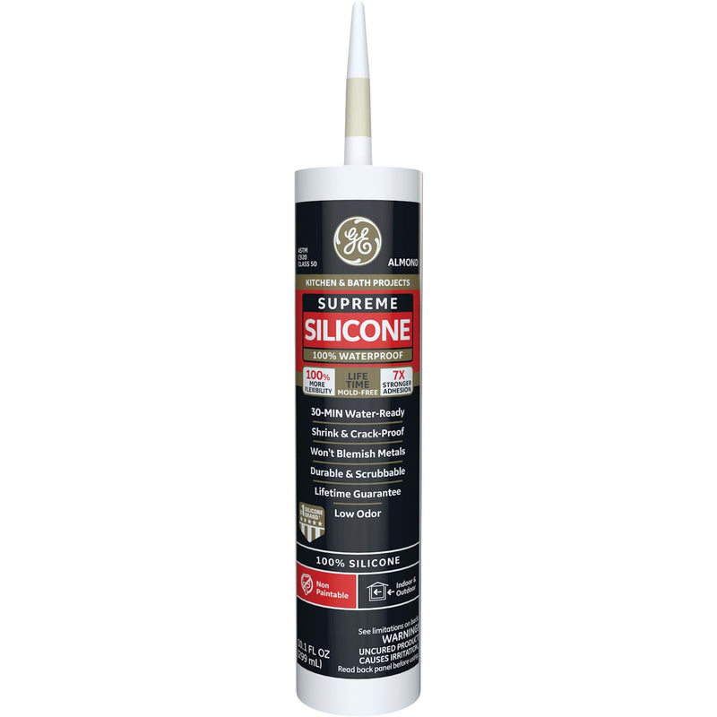 GE Supreme Silicone Kitchen & Bath Sealant, Almond, 10.1  Oz. Cartridge