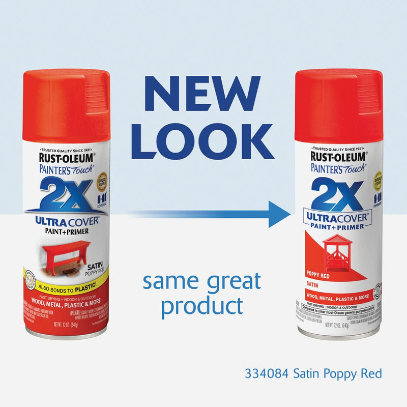 Rust-Oleum Painter's Touch 2X Ultra Cover 12 Oz. Satin Paint + Primer Spray Paint, Poppy Red