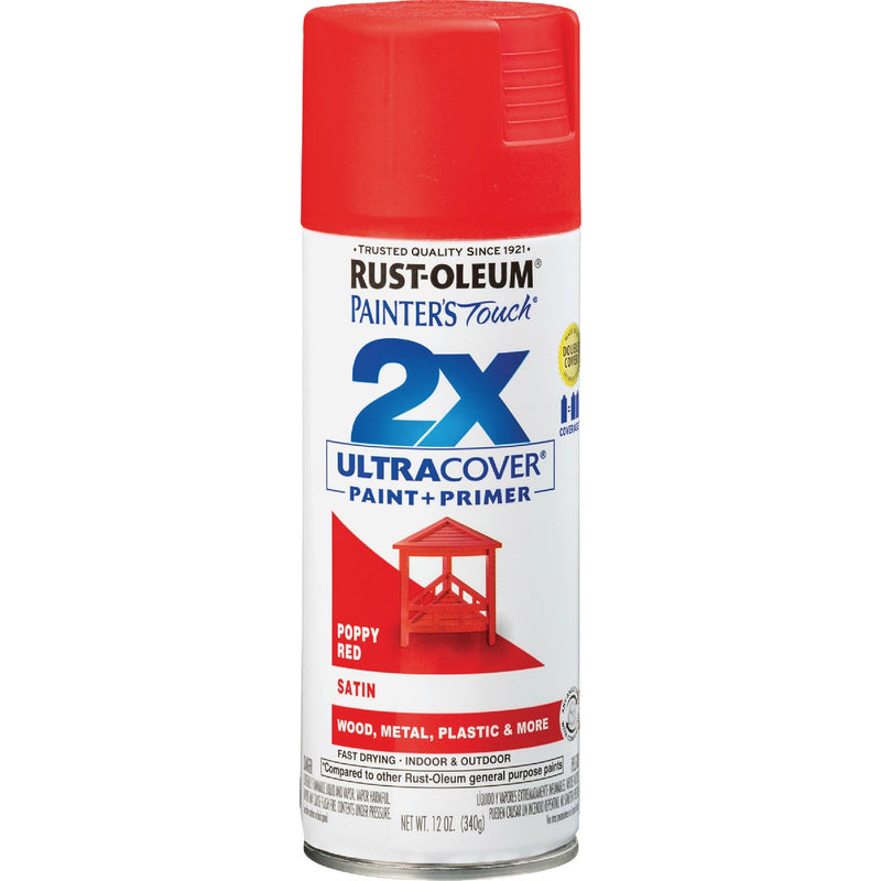 Rust-Oleum Painter's Touch 2X Ultra Cover 12 Oz. Satin Paint + Primer Spray Paint, Poppy Red