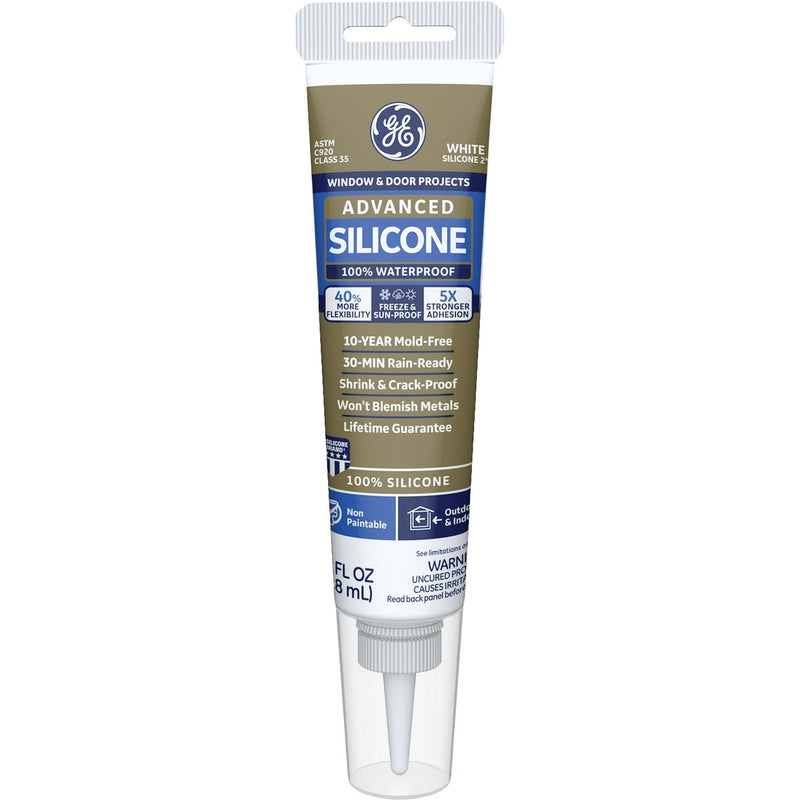 GE Advanced Silicone Window & Door Sealant, White, 2.8  Oz. Tube