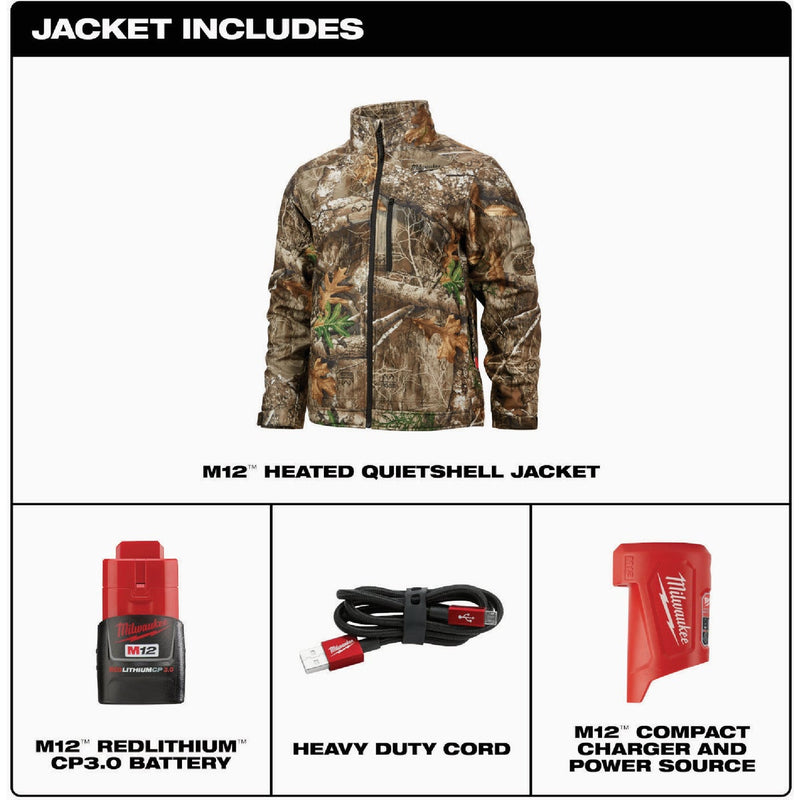 Milwaukee M12 QUIETSHELL Men's Realtree Edge Camouflage Cordless Heated Jacket Kit, 3XL
