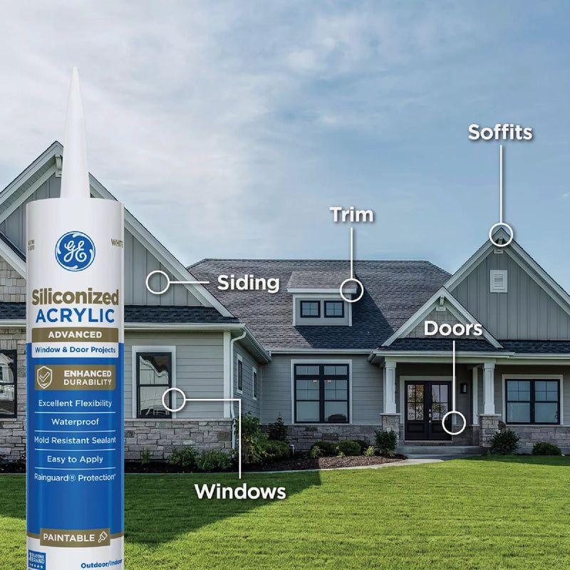 GE Siliconized Acrylic Advanced Window & Door Sealant, White, 10 Oz. Cartridge