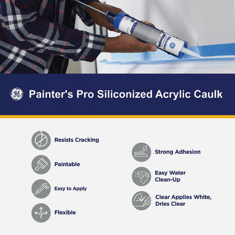 GE Siliconized Acrylic Painters Pro Seal & Paint Sealant, White, 10 Oz. Cartridge