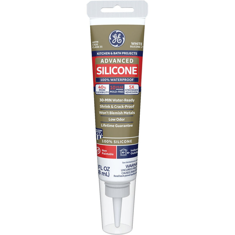 GE Advanced Silicone Kitchen & Bath Sealant, White, 2.8  Oz. Tube
